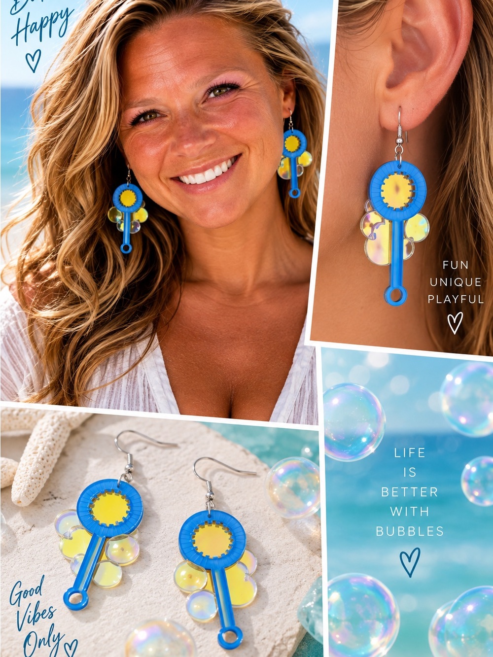Bright Blue & Yellow Bubble and Wand Dangle Earrings